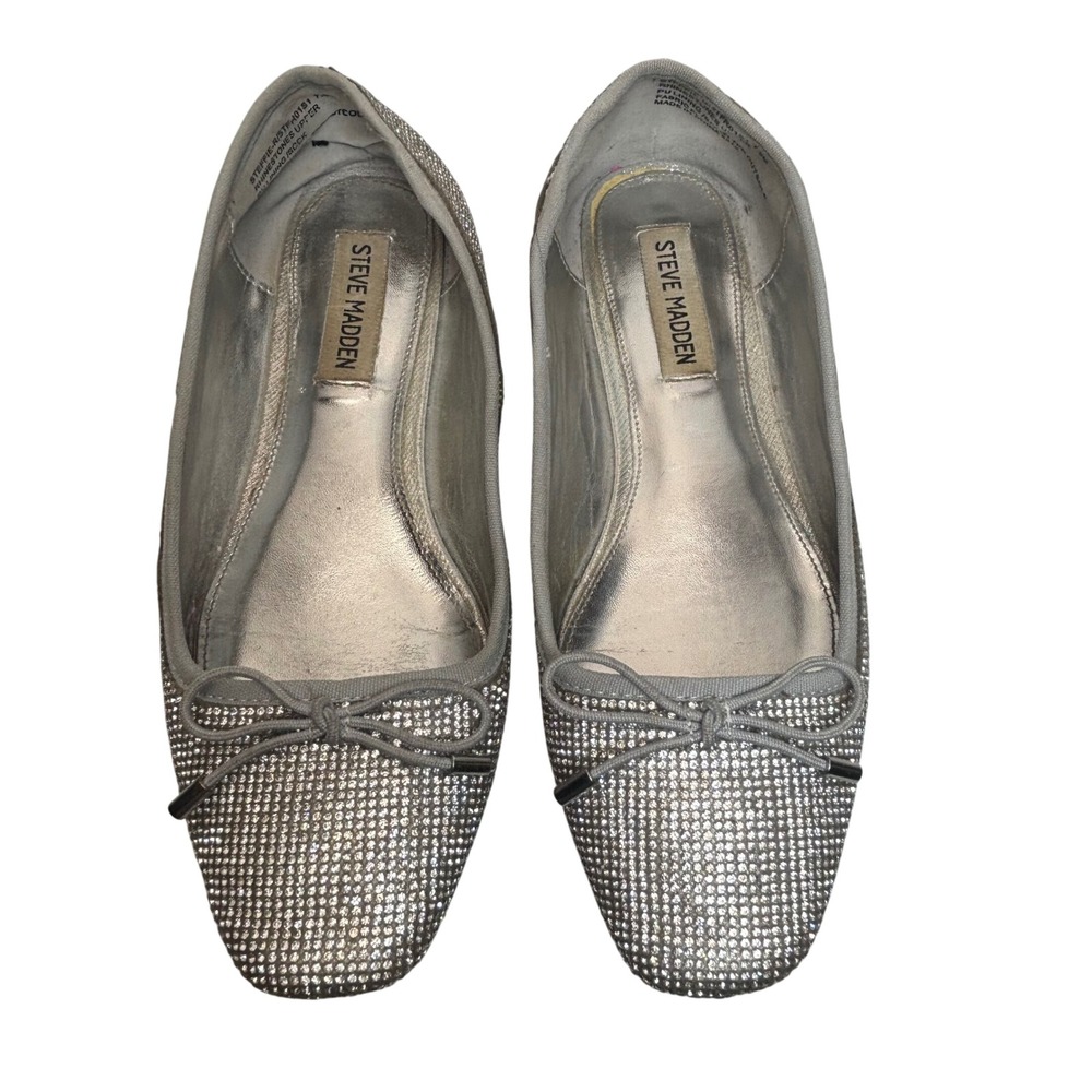Steve Madden Ballet Flats 7.5 Silver Rhinestone Bow Sparkle Party Glam Y2K